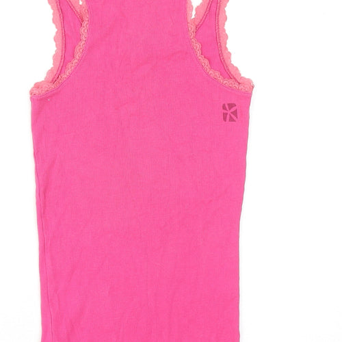 Animal Womens Pink Cotton Basic Tank Size 10 Round Neck - Lace Details