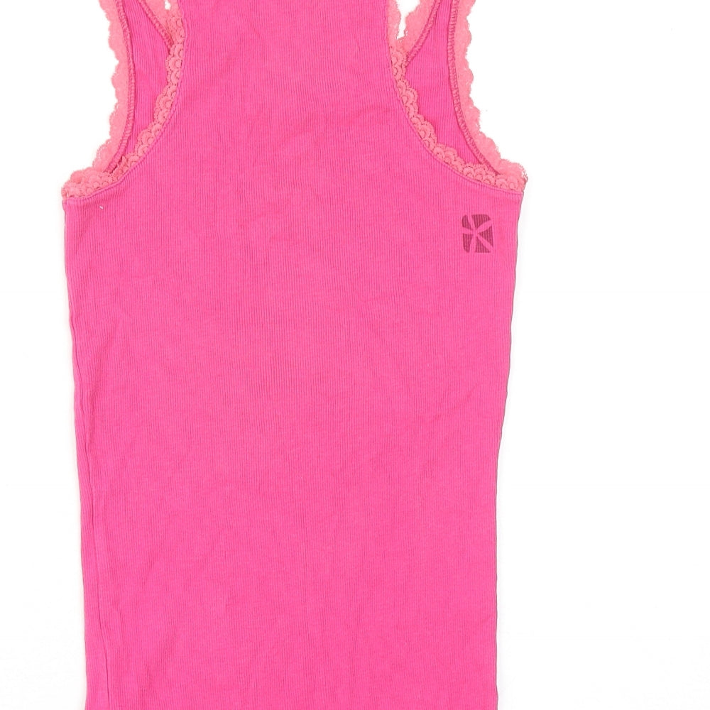 Animal Womens Pink Cotton Basic Tank Size 10 Round Neck - Lace Details