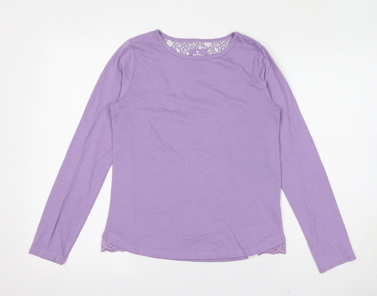 Fat Face Girls Purple 100% Cotton Basic T-Shirt Size 12-13 Years Round Neck Pullover - Broderie Anglaise Detail