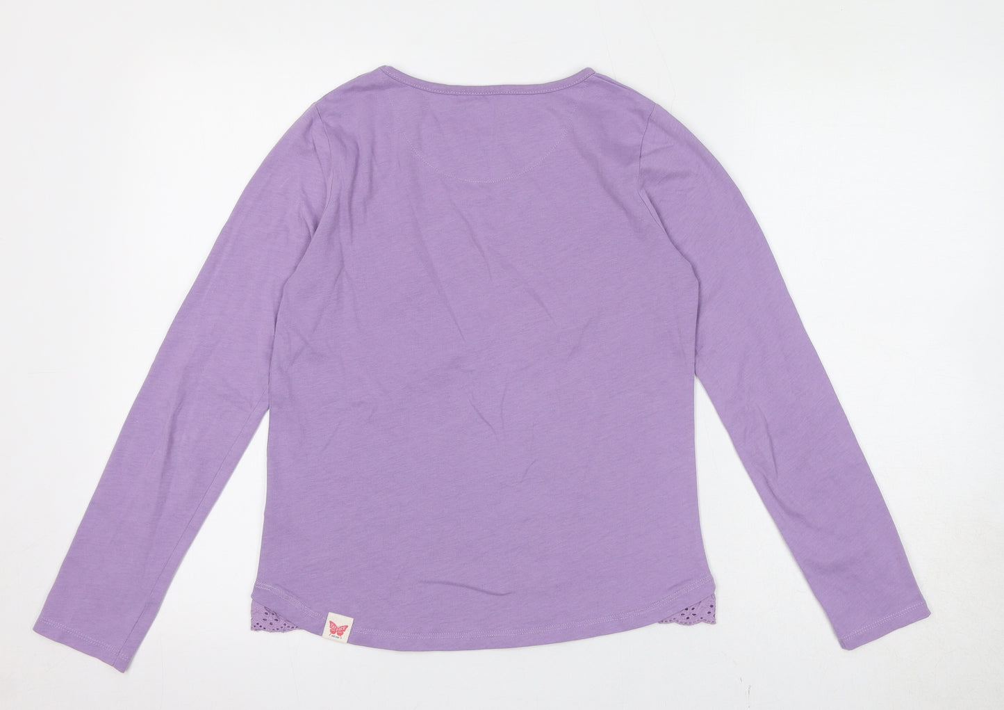 Fat Face Girls Purple 100% Cotton Basic T-Shirt Size 12-13 Years Round Neck Pullover - Broderie Anglaise Detail