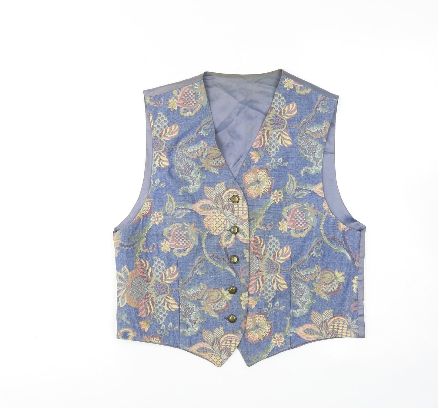 St Michael Womens Blue Floral Cotton Jacket Suit Waistcoat Size 12