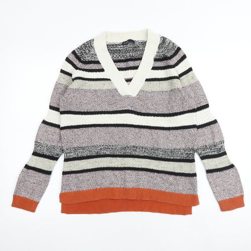 Marks and Spencer Womens Multicoloured V-Neck Striped Cotton Pullover Jumper Size 14