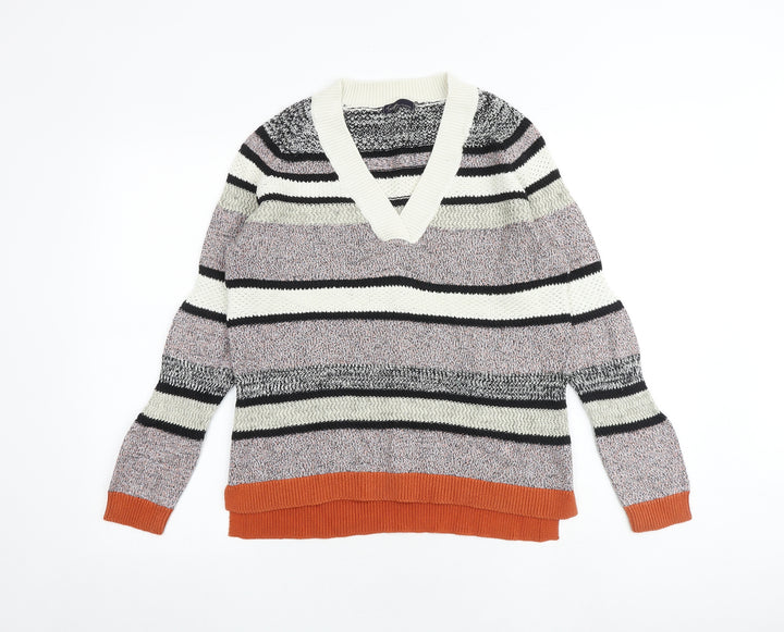 Marks and Spencer Womens Multicoloured V-Neck Striped Cotton Pullover Jumper Size 14