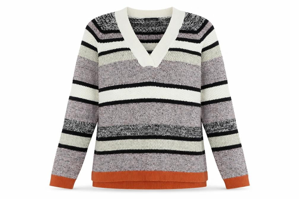 Front view of Marks & Spencer women’s multicoloured v-neck striped cotton jumper, size UK 14