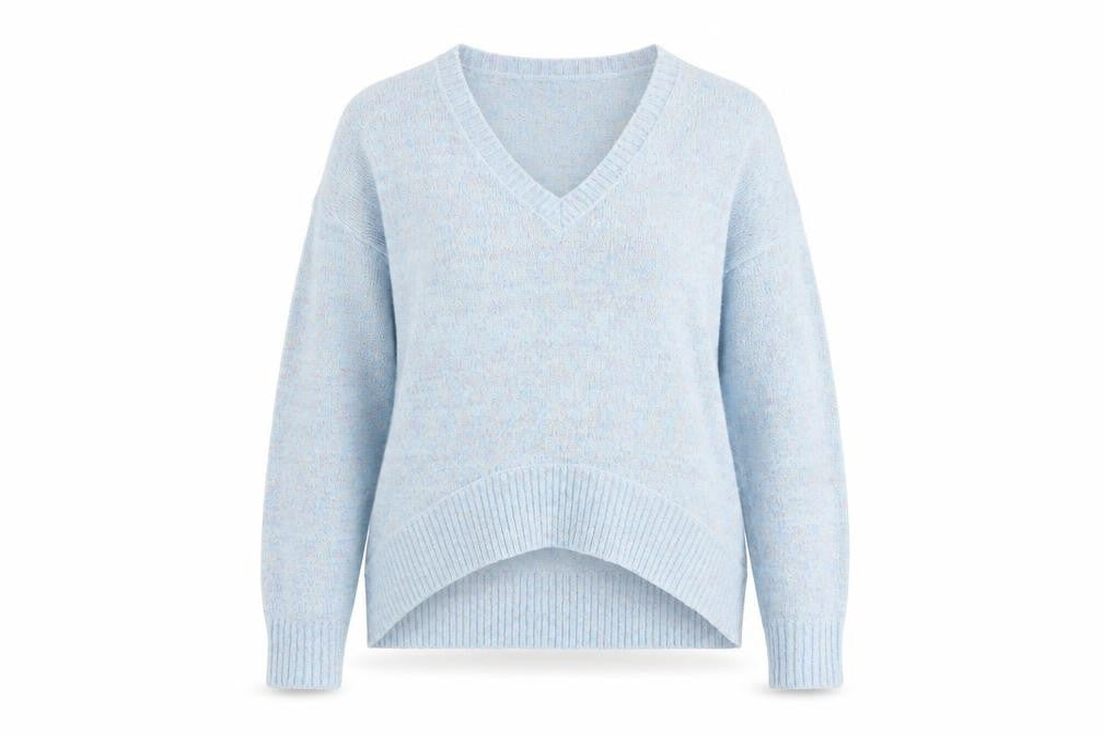 Front view of Vero Moda women’s blue v-neck acrylic jumper, size XS