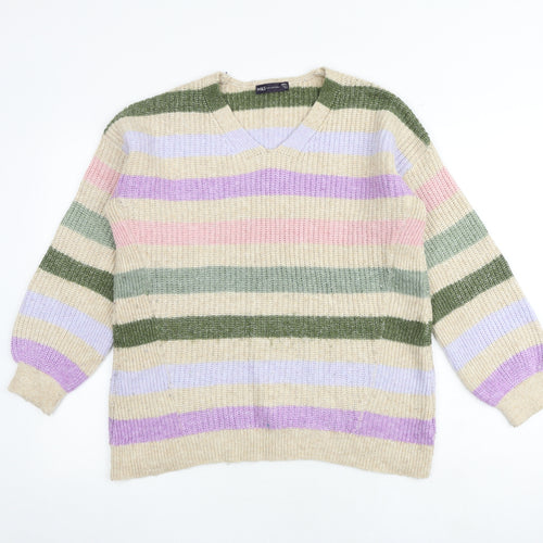 Marks and Spencer Womens Multicoloured V-Neck Striped Acrylic Pullover Jumper Size S