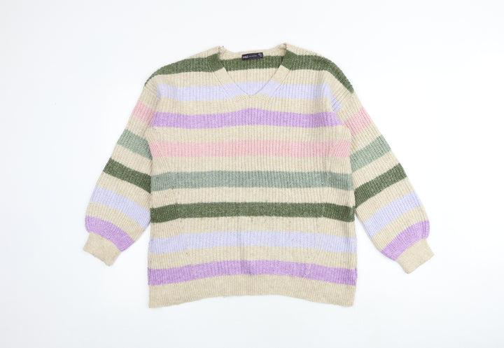 Marks and Spencer Womens Multicoloured V-Neck Striped Acrylic Pullover Jumper Size S