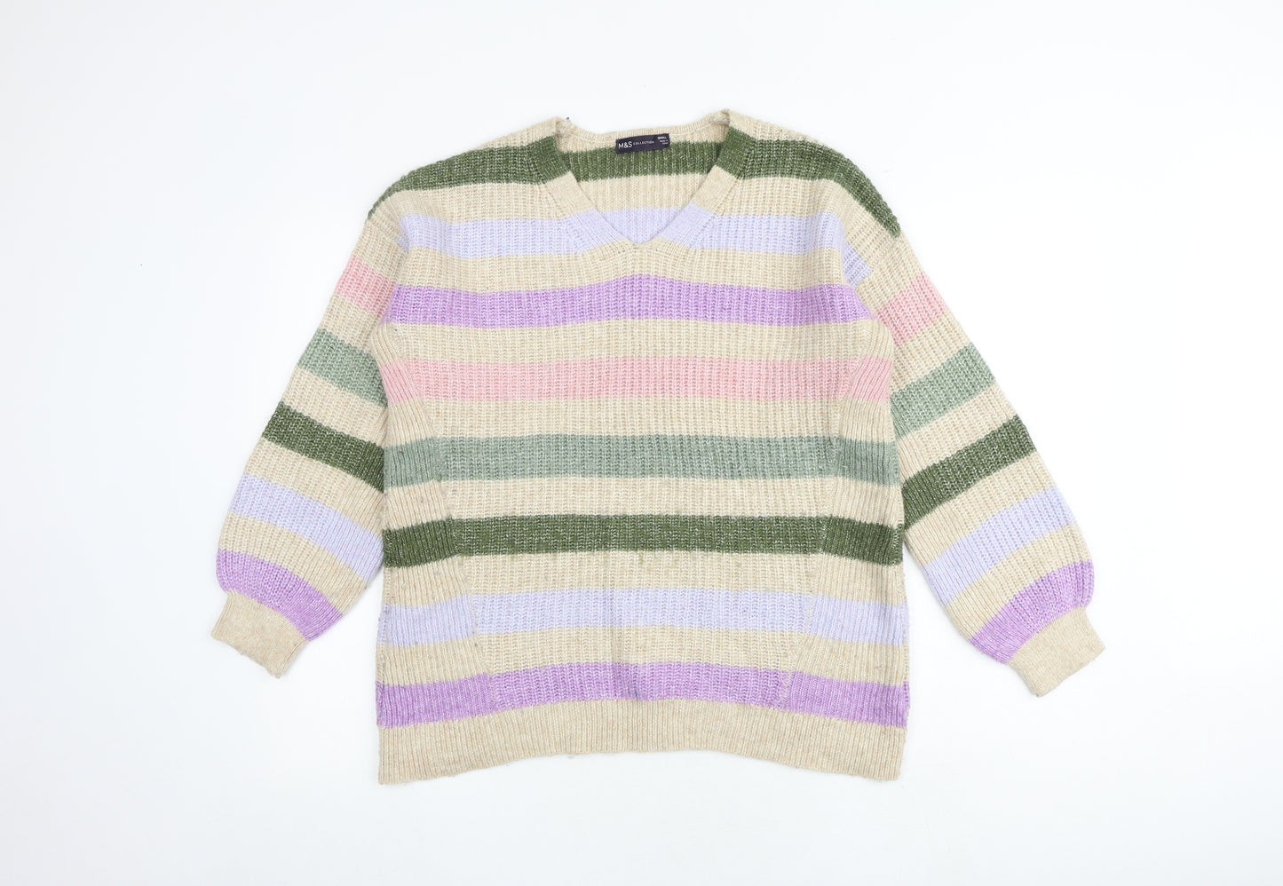 Marks and Spencer Womens Multicoloured V-Neck Striped Acrylic Pullover Jumper Size S