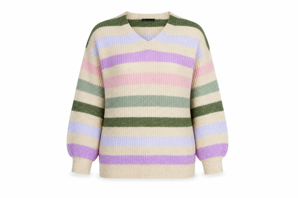 Front view of Marks & Spencer women’s multicoloured v-neck striped acrylic jumper, size S