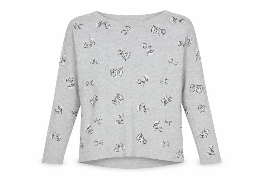 Front view of Monsoon women’s grey round neck geometric viscose jumper, size M, - cherry pattern