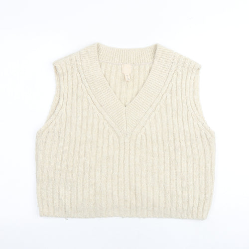 H&M Womens Beige V-Neck Acrylic Vest Jumper Size S