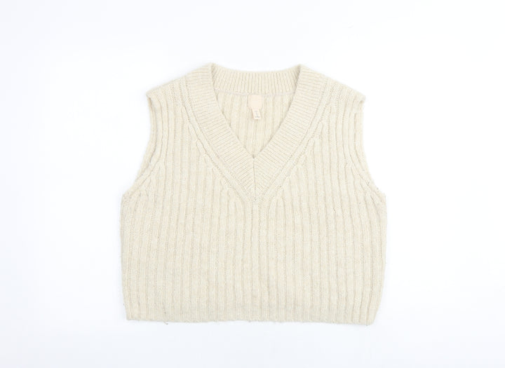 H&M Womens Beige V-Neck Acrylic Vest Jumper Size S