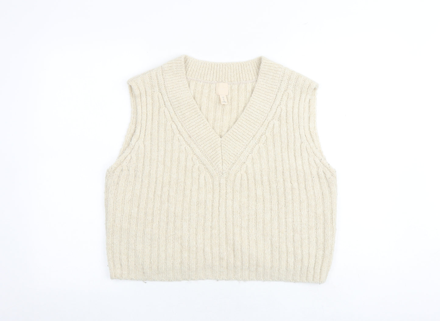 H&M Womens Beige V-Neck Acrylic Vest Jumper Size S