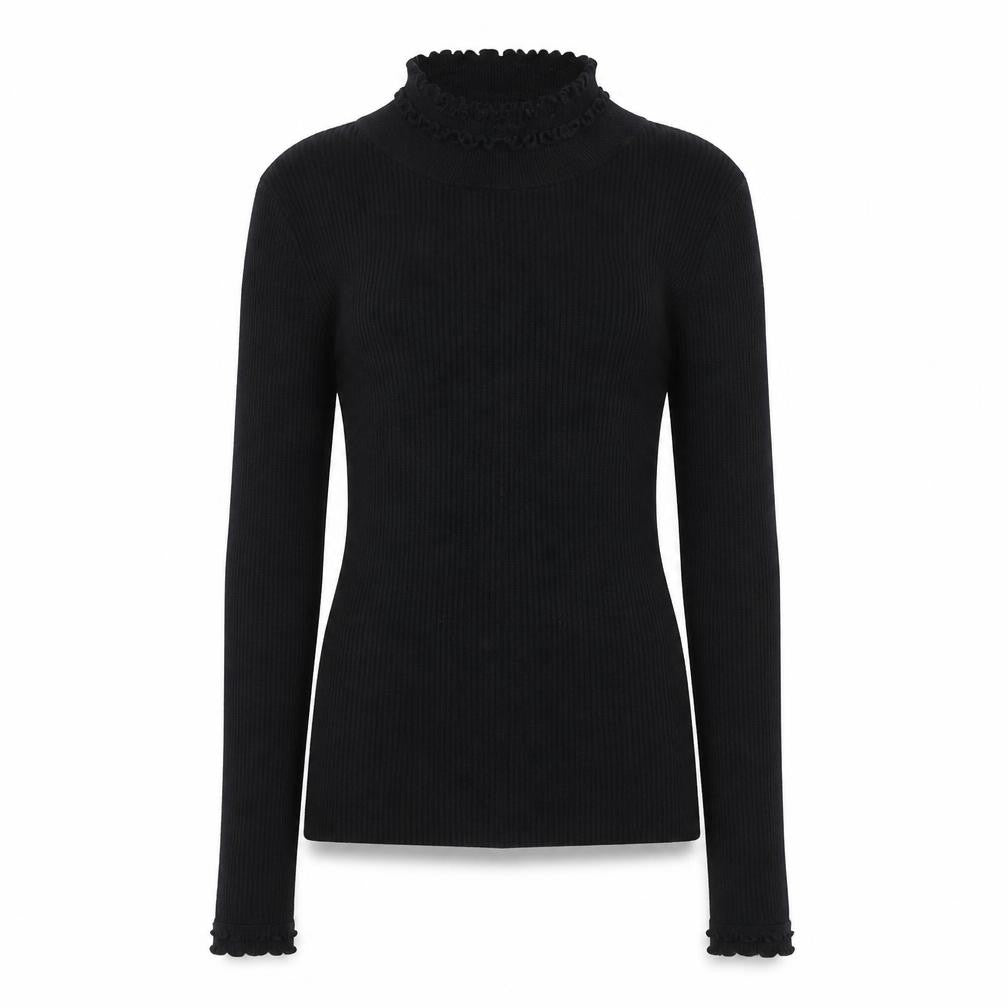 Front view of River Island women’s black mock neck polyester jumper, size UK 6