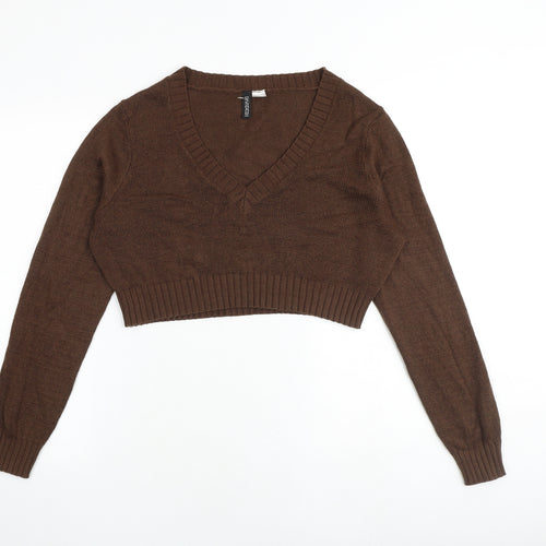 H&M Womens Brown V-Neck Acrylic Pullover Jumper Size L - Cropped
