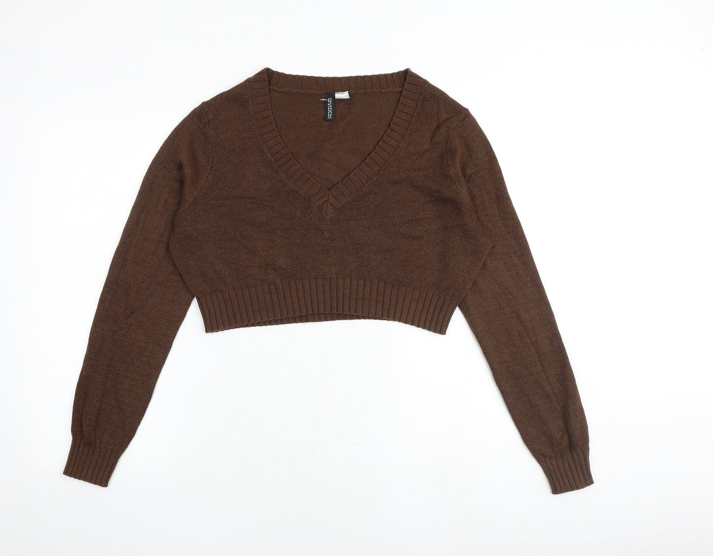 H&M Womens Brown V-Neck Acrylic Pullover Jumper Size L - Cropped