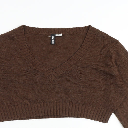 H&M Womens Brown V-Neck Acrylic Pullover Jumper Size L - Cropped