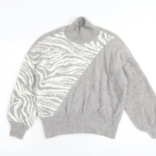 Threadbare Womens Grey High Neck Animal Print Nylon Pullover Jumper Size 12 - Tiger Print