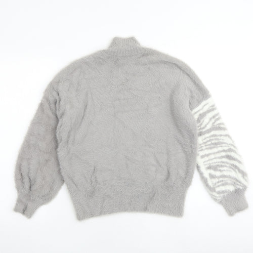 Threadbare Womens Grey High Neck Animal Print Nylon Pullover Jumper Size 12 - Tiger Print
