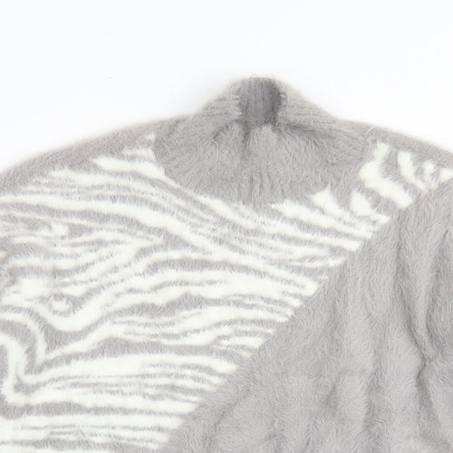 Threadbare Womens Grey High Neck Animal Print Nylon Pullover Jumper Size 12 - Tiger Print
