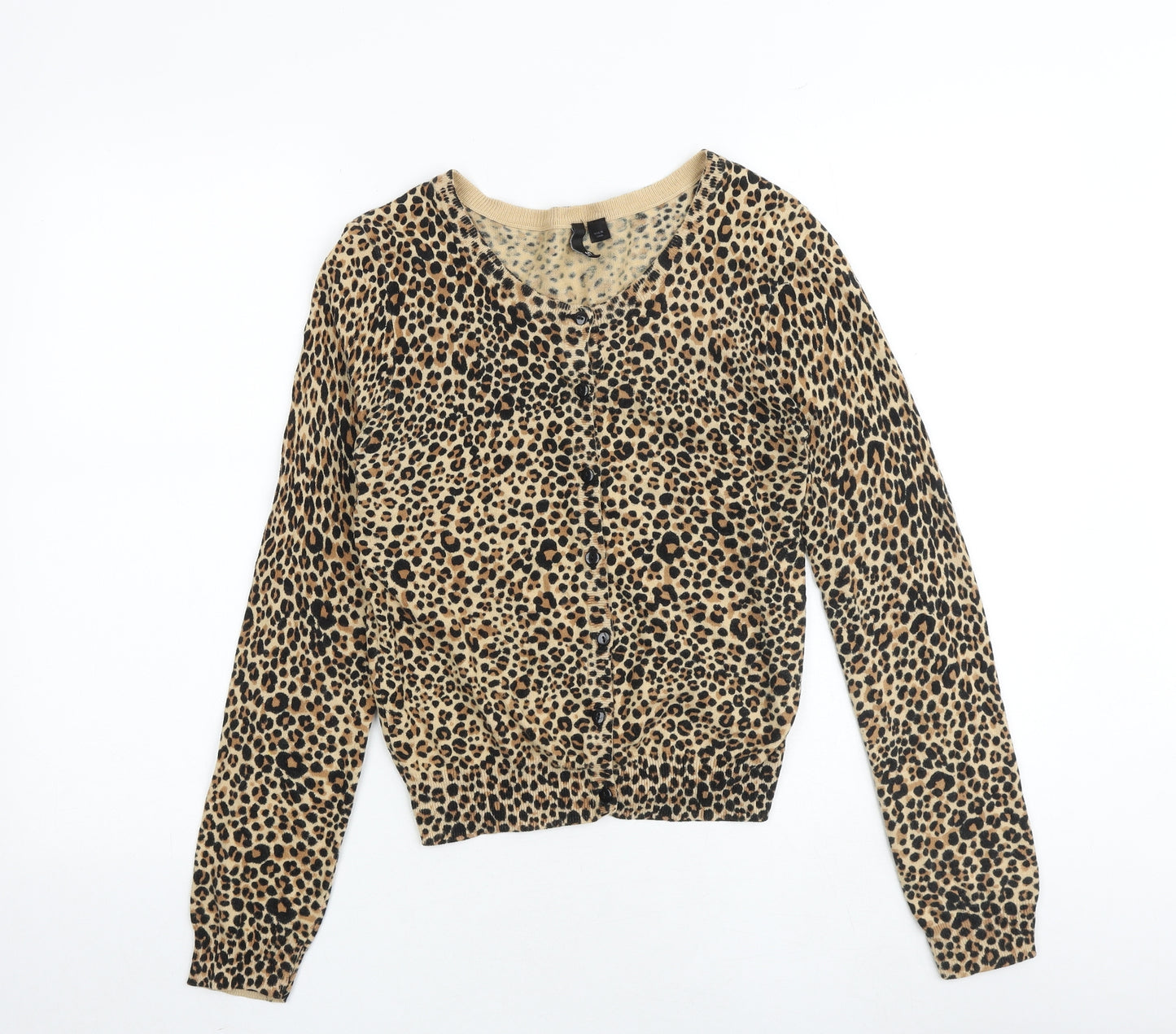 H&M Womens Multicoloured Round Neck Animal Print 100% Cotton Cardigan Jumper Size 10 - Leopard Print
