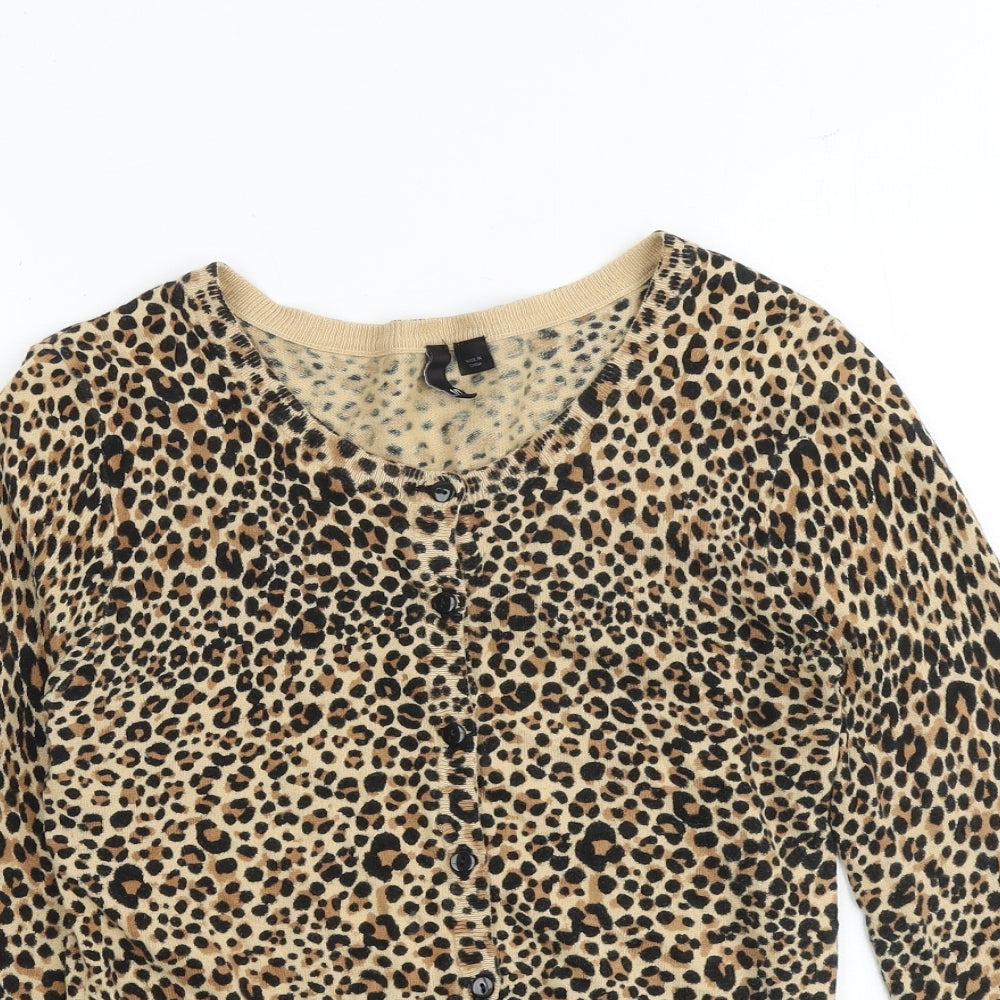 H&M Womens Multicoloured Round Neck Animal Print 100% Cotton Cardigan Jumper Size 10 - Leopard Print