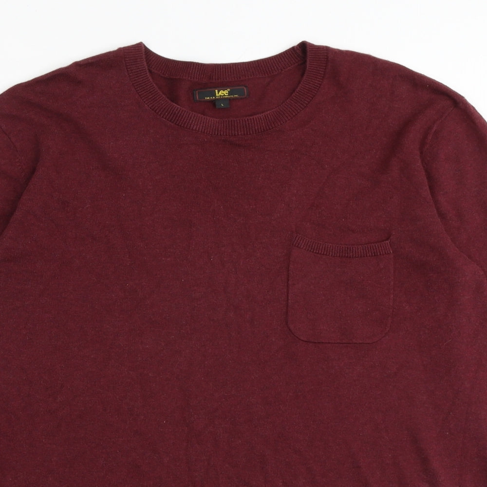 Lee Mens Red Round Neck Cotton Pullover Jumper Size L Long Sleeve