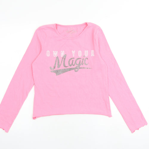 Marks and Spencer Girls Pink Polyester Basic T-Shirt Size 12-13 Years Boat Neck Pullover - Ribbed