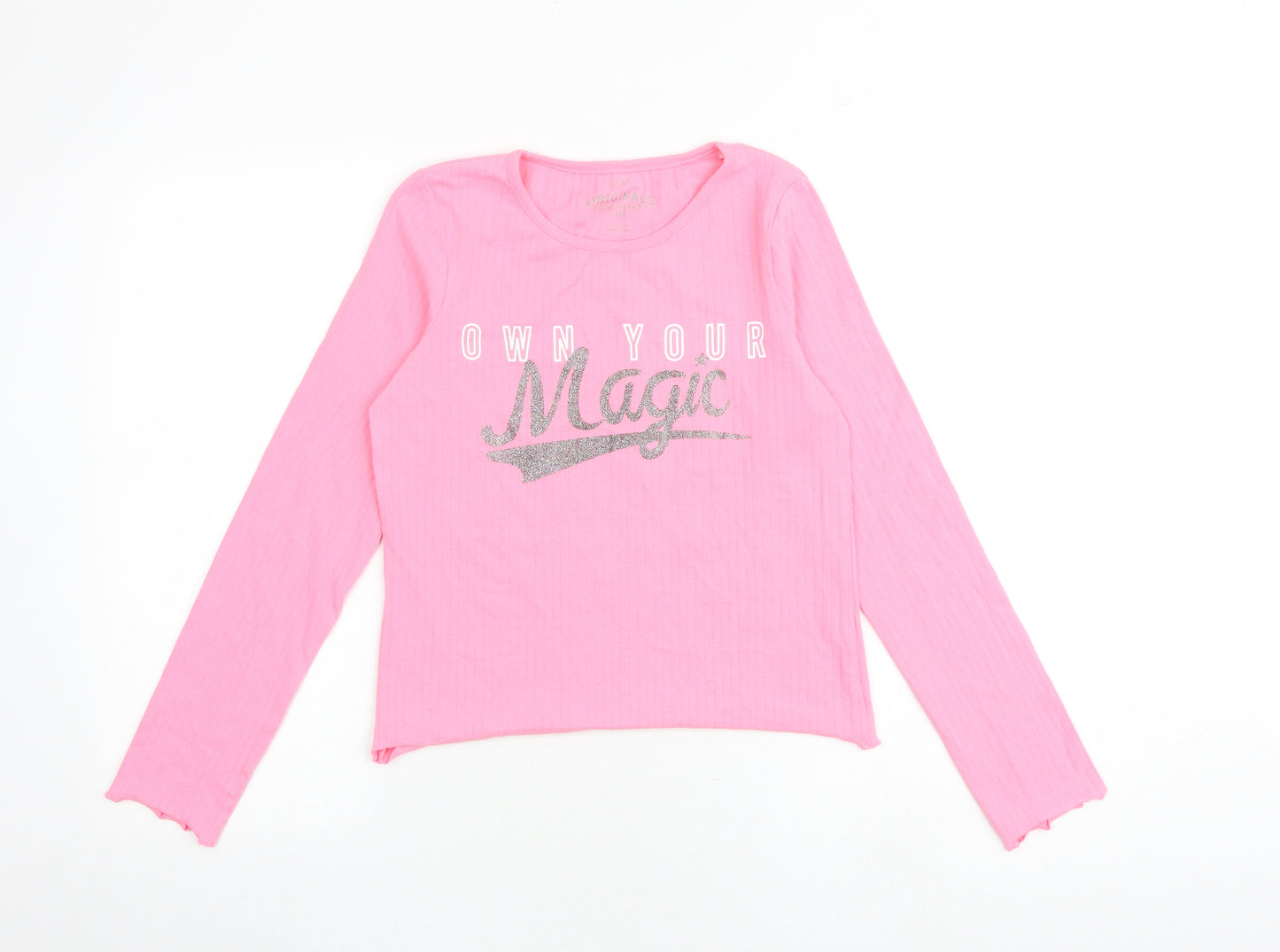 Marks and Spencer Girls Pink Polyester Basic T-Shirt Size 12-13 Years Boat Neck Pullover - Ribbed
