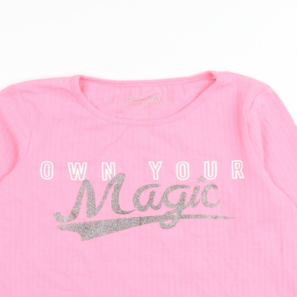 Marks and Spencer Girls Pink Polyester Basic T-Shirt Size 12-13 Years Boat Neck Pullover - Ribbed