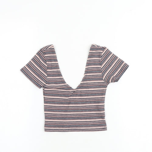 Pull&Bear Womens Multicoloured Striped Cotton Cropped Tank Size XS V-Neck