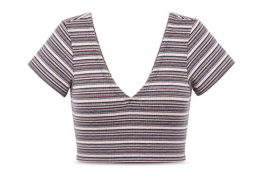 Front view of Pull&Bear women’s multicoloured striped cotton cropped tank, size XS, v-neck