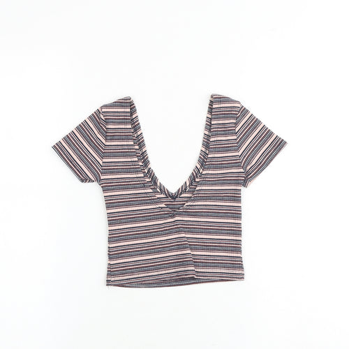 Pull&Bear Womens Multicoloured Striped Cotton Cropped Tank Size XS V-Neck