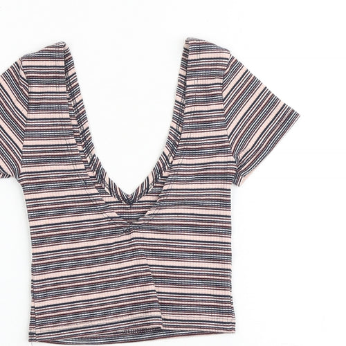 Pull&Bear Womens Multicoloured Striped Cotton Cropped Tank Size XS V-Neck