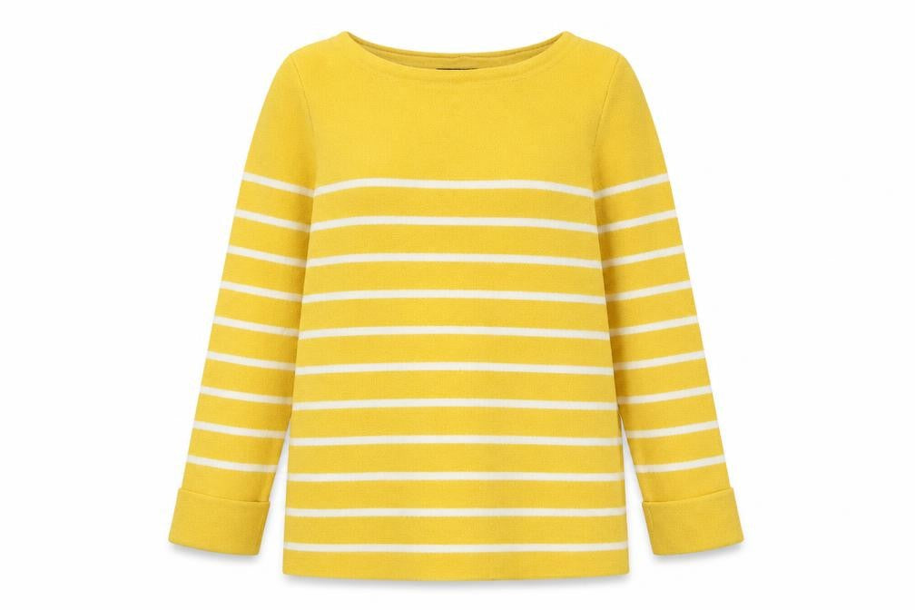 Front view of Adrienne Vittadini women’s yellow round neck striped viscose jumper, size S
