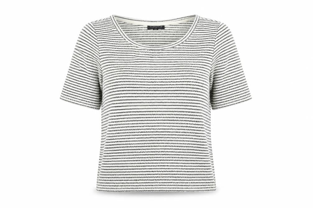 Front view of Topshop women’s multicoloured striped cotton basic t-shirt, size UK 10, round neck
