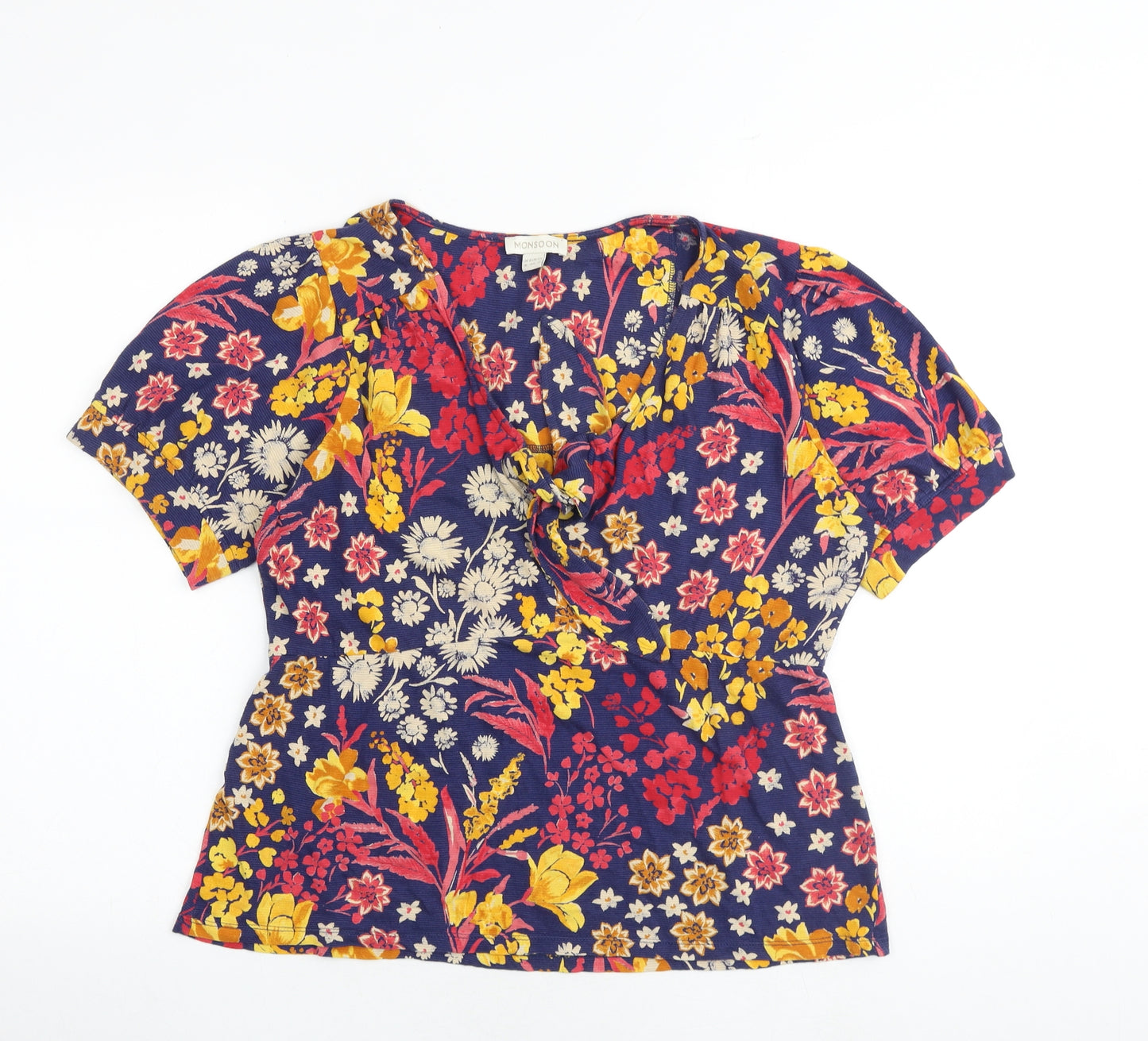 Monsoon Womens Multicoloured Floral Cotton Basic Blouse Size 16 V-Neck