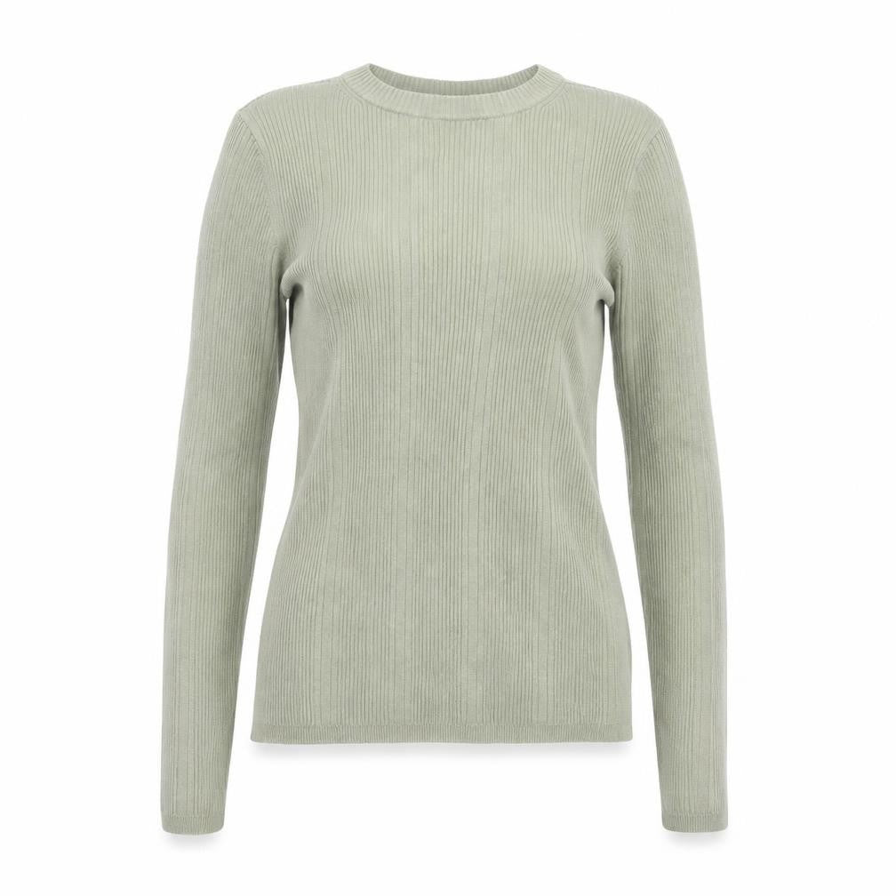 Front view of Marks & Spencer women’s green round neck viscose jumper, size UK 8