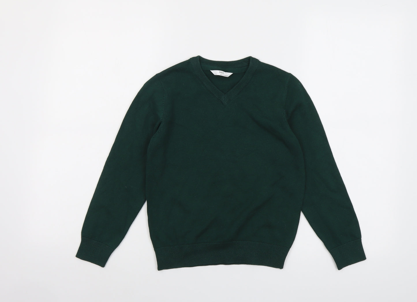 Marks and Spencer Boys Green V-Neck Cotton Pullover Jumper Size 7-8 Years Pullover