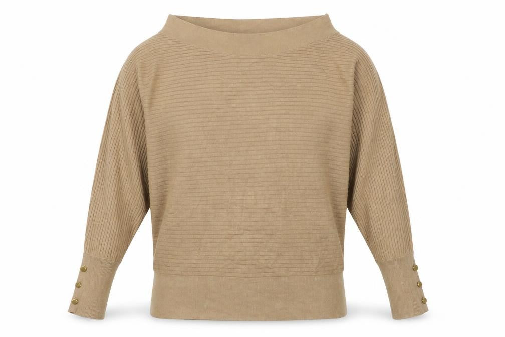 Front view of Lipsy women’s beige boat neck viscose jumper, size UK 12