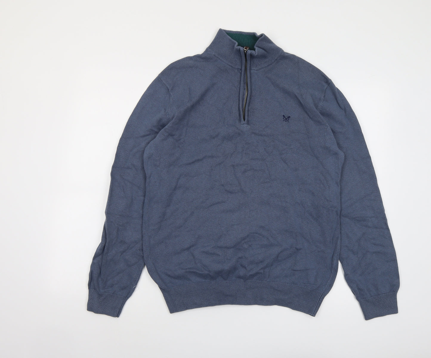 Crew Clothing Mens Blue High Neck Cotton Pullover Jumper Size L Long Sleeve