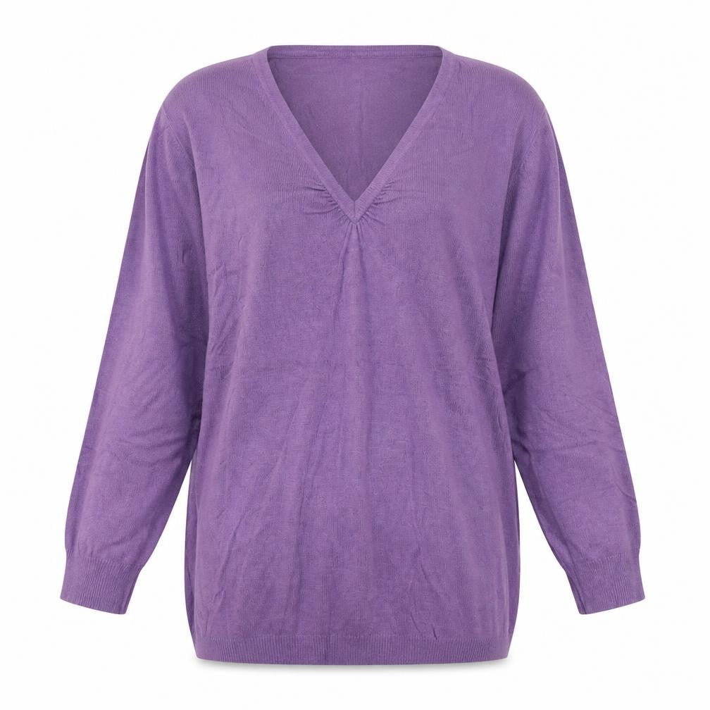 Front view of Marks & Spencer women’s purple v-neck viscose jumper, size UK 10