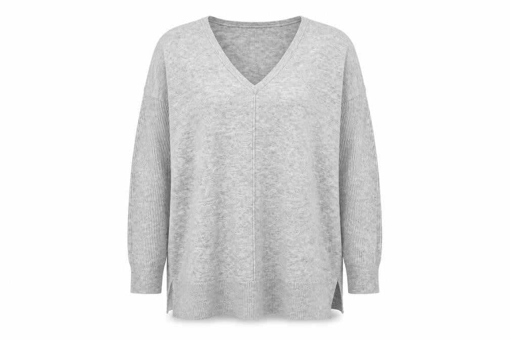 Front view of New Look women’s grey v-neck nylon jumper, size L