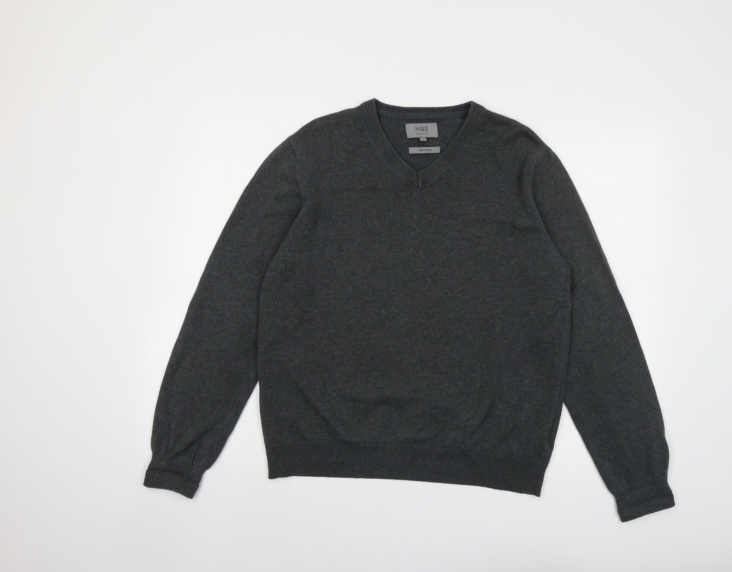 Marks and Spencer Mens Grey V-Neck Cotton Pullover Jumper Size M Long Sleeve