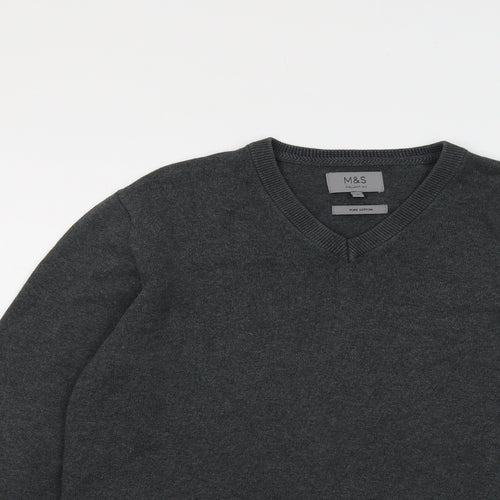 Marks and Spencer Mens Grey V-Neck Cotton Pullover Jumper Size M Long Sleeve