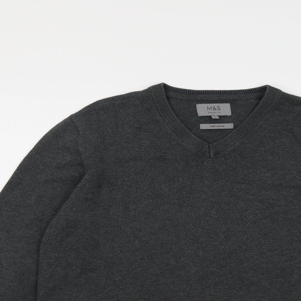 Marks and Spencer Mens Grey V-Neck Cotton Pullover Jumper Size M Long Sleeve