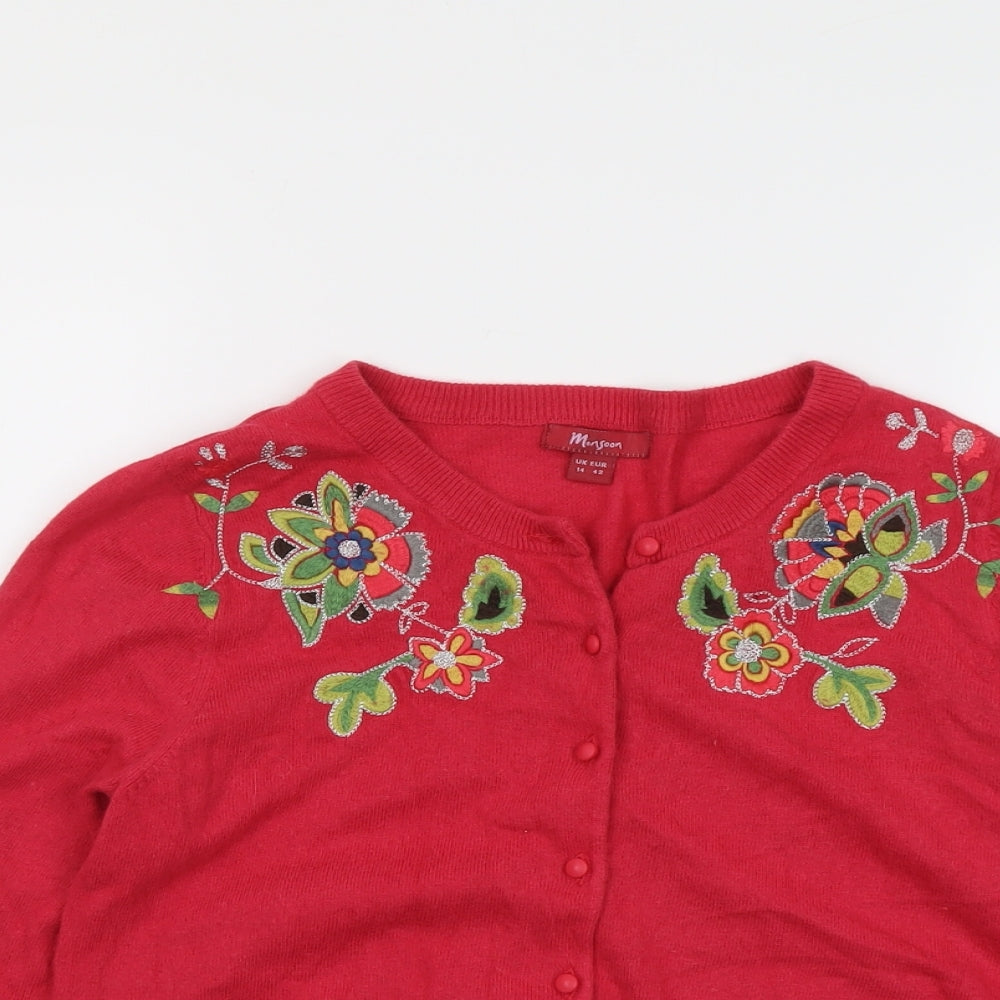 Monsoon Womens Pink Round Neck Cotton Cardigan Jumper Size 14 - Floral Detail