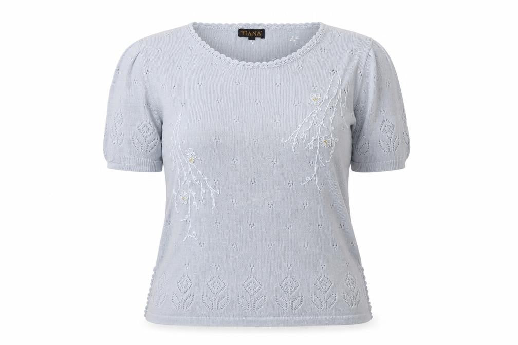 Front view of Tiana women’s blue round neck acrylic jumper, size L