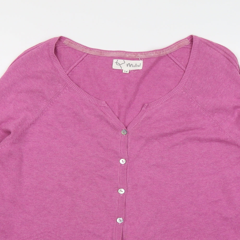 Mistral Womens Pink V-Neck Cotton Cardigan Jumper Size 14
