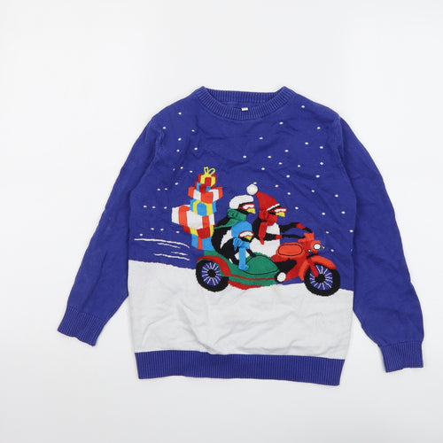 Marks and Spencer Boys Blue Round Neck Cotton Pullover Jumper Size 8-9 Years Pullover - Penguin Christmas